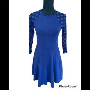 Express blue skater style dress with polka dot semi sheer sleeves, size S